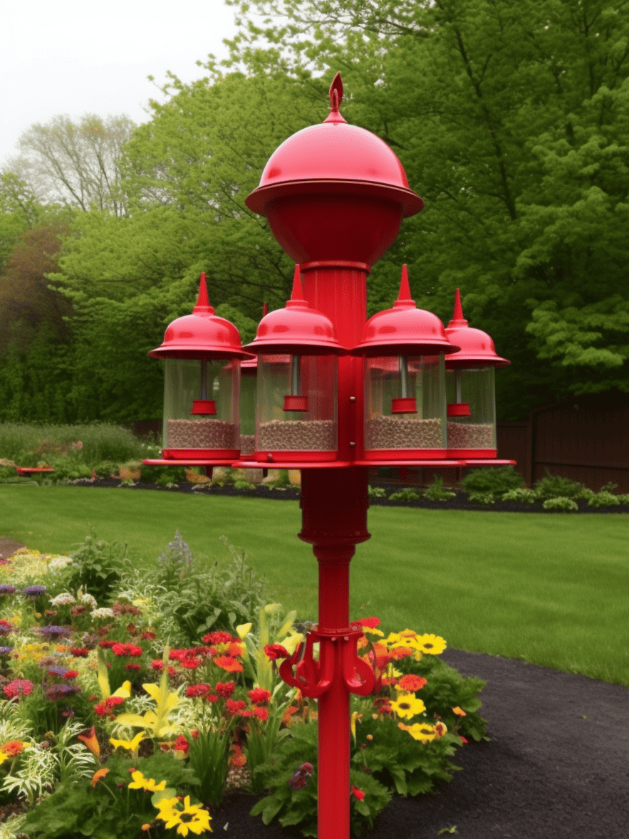 A vibrant red, multi-tiered bird feeder stands as a bold centerpiece in a lush garden, its vivid color contrasting with the surrounding array of colorful flowers and the verdant backdrop of a neatly kept lawn and trees ar 3:4