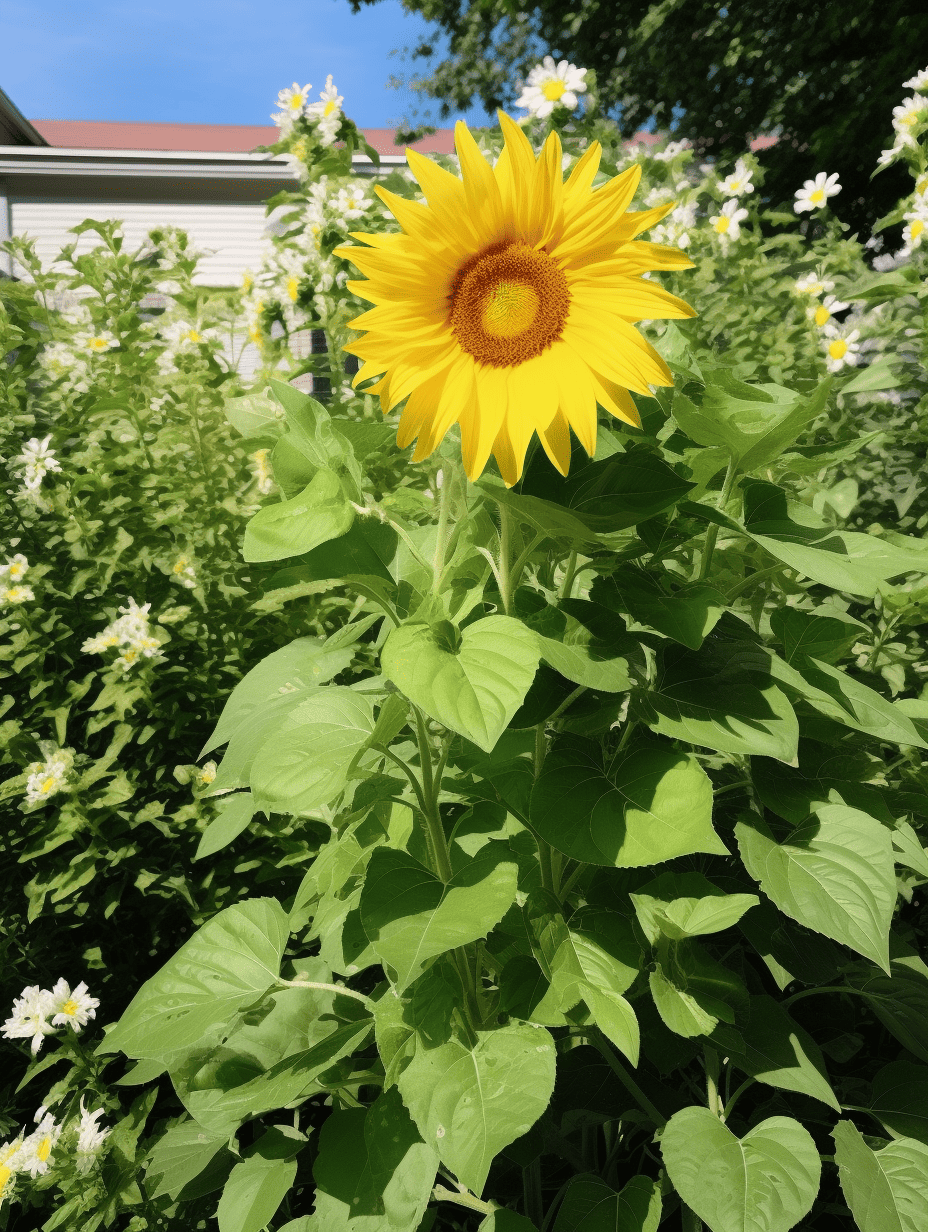 A vibrant sunflower with bright yellow petals and a dark brown center stands tall among green foliage, with white jasmine flowers in the background under a clear blue sky ar 3:4