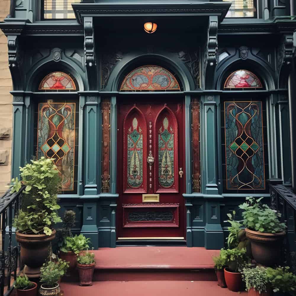 Victorian front doors with classic paneled designs and often feature vibrant colors and intricate glasswork. Deep reds, hunter greens, and royal blues are all quintessentially Victorian