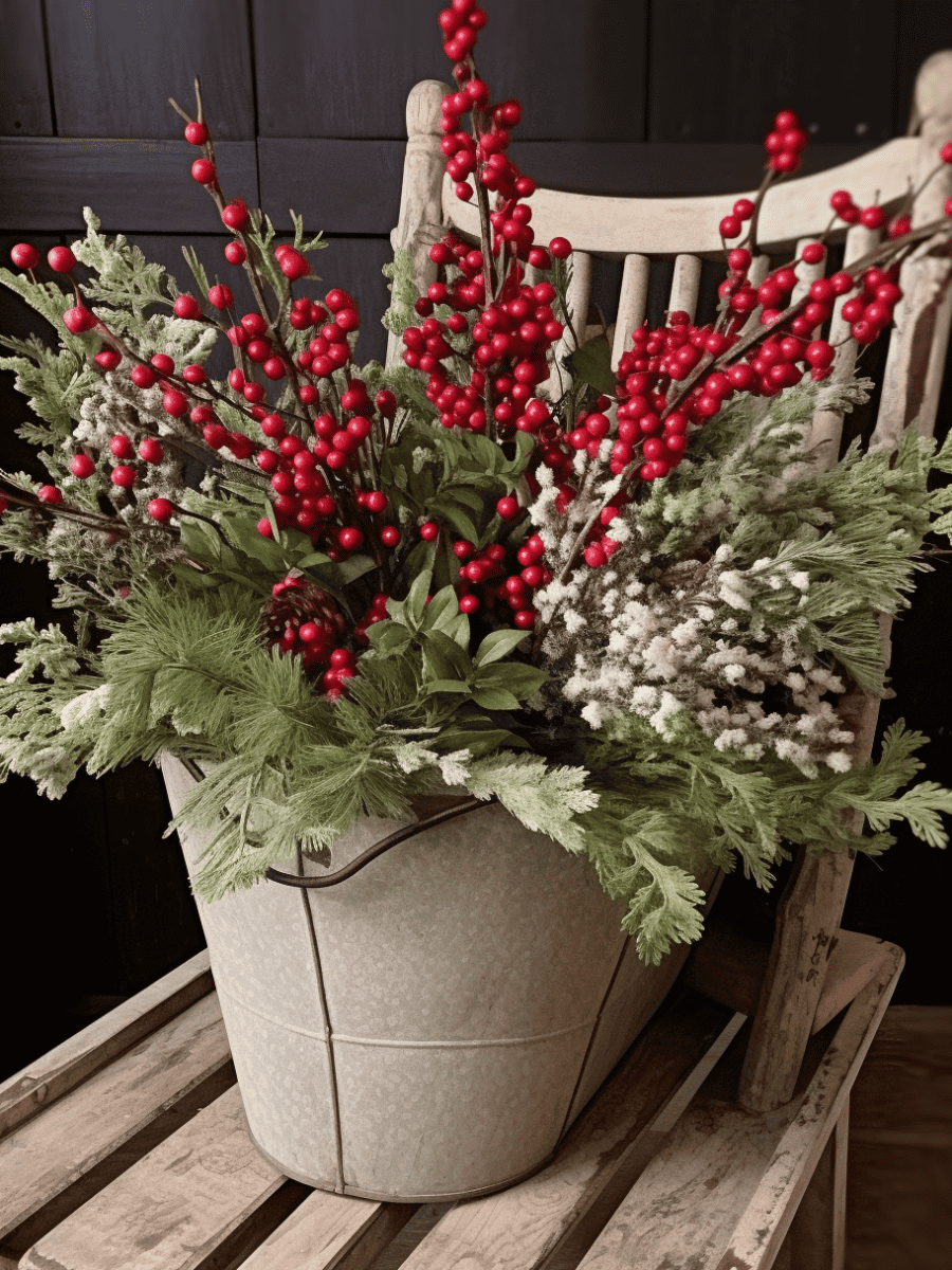 A vintage beige bucket filled with a lush arrangement of winter berries, white frosted branches, and green pine foliage sits atop a wooden sled, evoking a warm, rustic holiday spirit