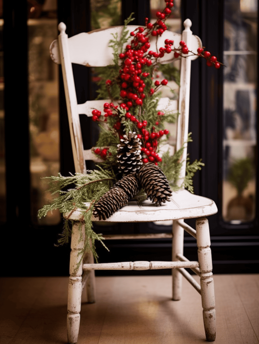 A charming vintage white chair with peeling paint and rustic charm is festooned with a spray of evergreen pine branches, clusters of bright winter berries, and large pine cones, creating a warm and inviting holiday vignette
