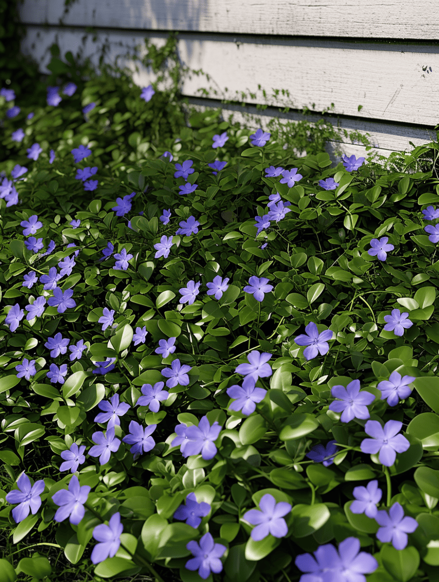 Vivid periwinkle flowers with five petals each stand out amidst a bed of lush green leaves, nestling against the base of a white wooden wall, basking in dappled sunlight ar 3:4