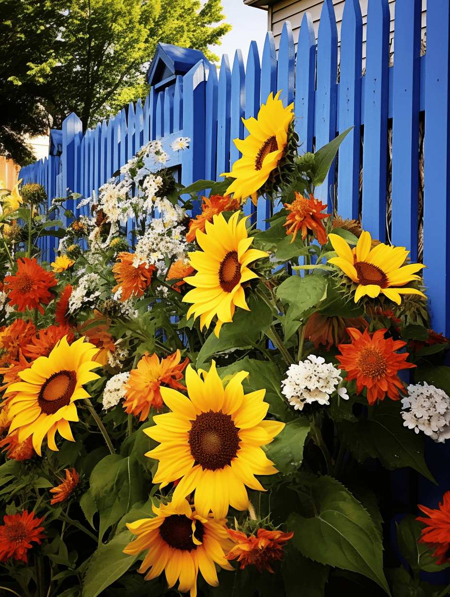 Vivid sunflowers with dark brown centers and fiery orange blooms contrast against a striking blue picket fence, accompanied by clusters of white flowers, all basking in a warm, golden light ar 3:4