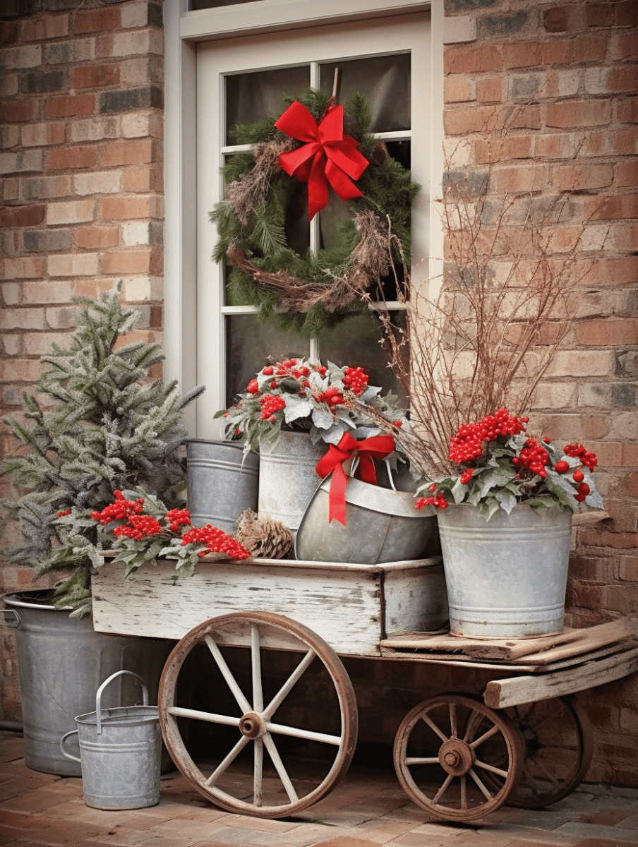 On a rustic outdoor setting, a weathered wooden cart displays an assortment of winter decor: a frosted bare-branched tree, a vintage water jug, a galvanized watering can, and containers overflowing with red winterberries, with a grapevine wreath hanging above, adorned with a red bow, against a brick wall backdrop