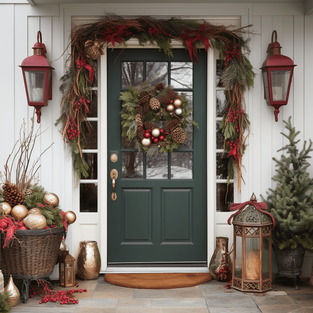 front door with a colorful Welcoming grapevine and evergreen Wreaths