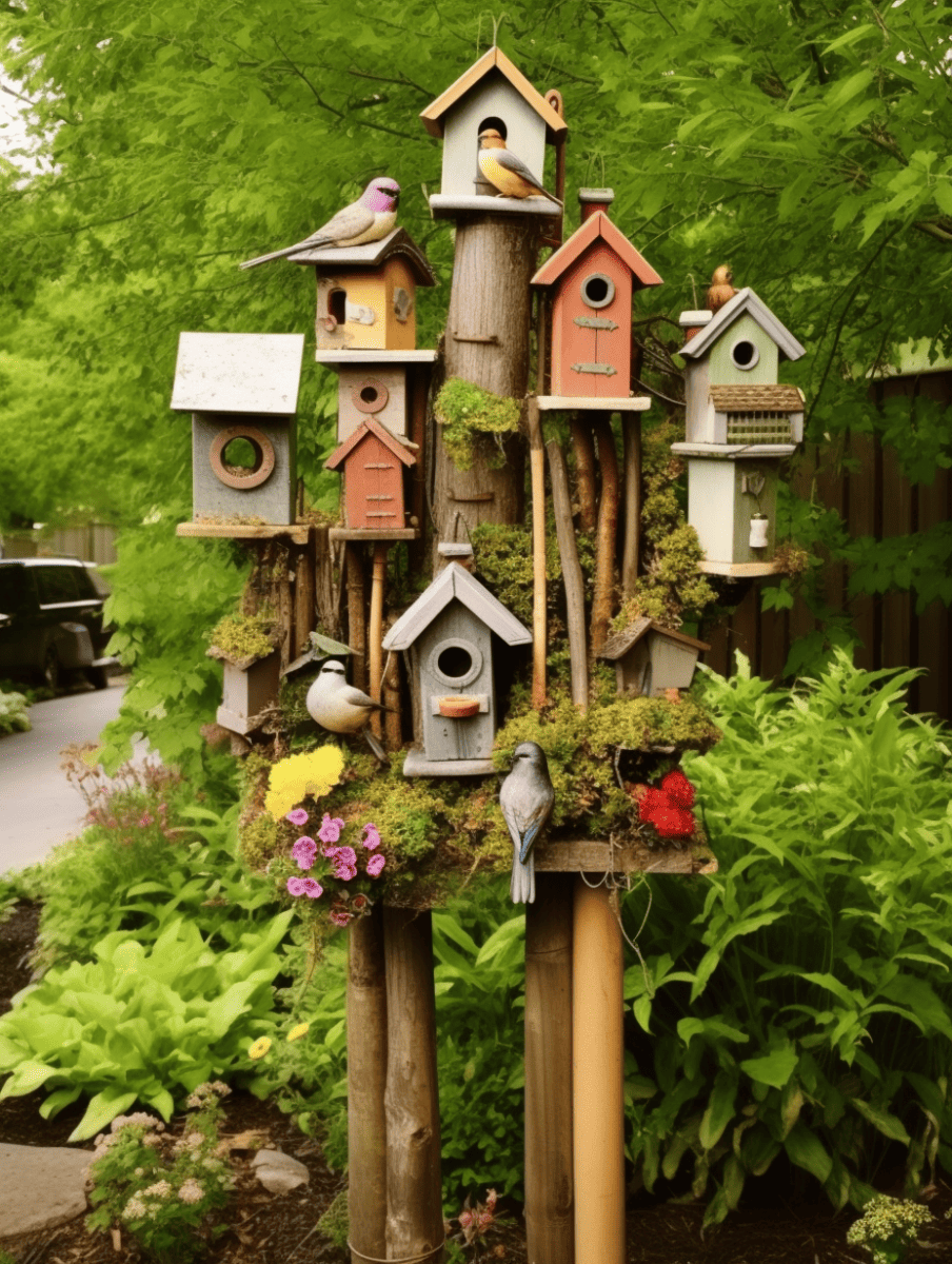 A whimsical fairy garden setup features a collection of rustic bird feeders of various shapes and sizes, perched atop natural wooden poles, adorned with moss and vibrant miniature plants, all creating an inviting habitat for the colorful birds that visit ar 3:4