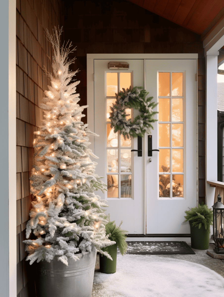 A frosted Christmas pine tree lit with soft white lights, nestled in a large pot by a home's entrance, complemented by a simple green wreath on the door and warm light spilling from the windows, creating a welcoming and festive atmosphere on a snowy evening