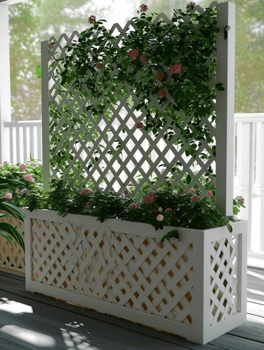 A white pallet fence planter brimming with flowering vines and lush greenery creates a serene and private ambiance on a sunlit porch ar 3:4