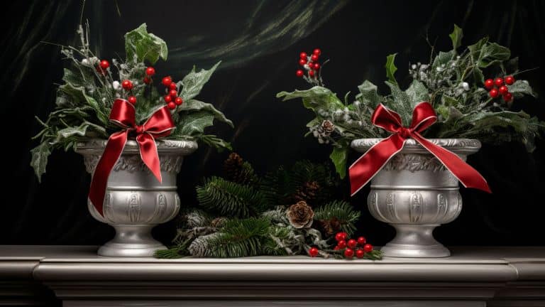 Two metallic silver pots sit on a slate-colored shelf against a dark background, each filled with vibrant green pine branches and an abundance of red winterberries, accented with white spiked decorations and topped with a large festive red bow with a lattice pattern, Winter Berry Decor Ideas: From Simple Touches to Stunning Displays - 1600x900