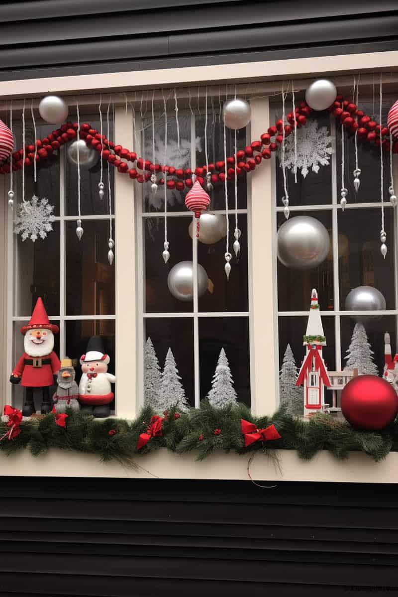 Beautiful mixture of red and white Christmas decors placed in the window