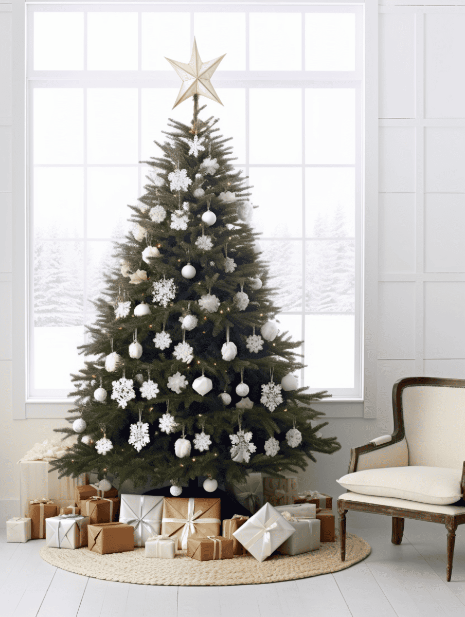 A stately Nordmann Fir Christmas tree stands adorned with a collection of white and silver ornaments and snowflake decorations, topped with a golden star, surrounded by a variety of neatly wrapped presents, all against the backdrop of a bright window overlooking a snowy landscape