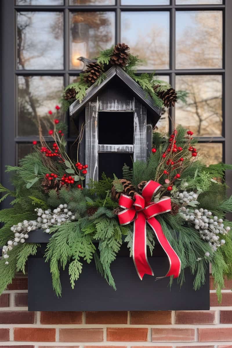 A small birdhouse placed next to the window planter with a Christmas festive design