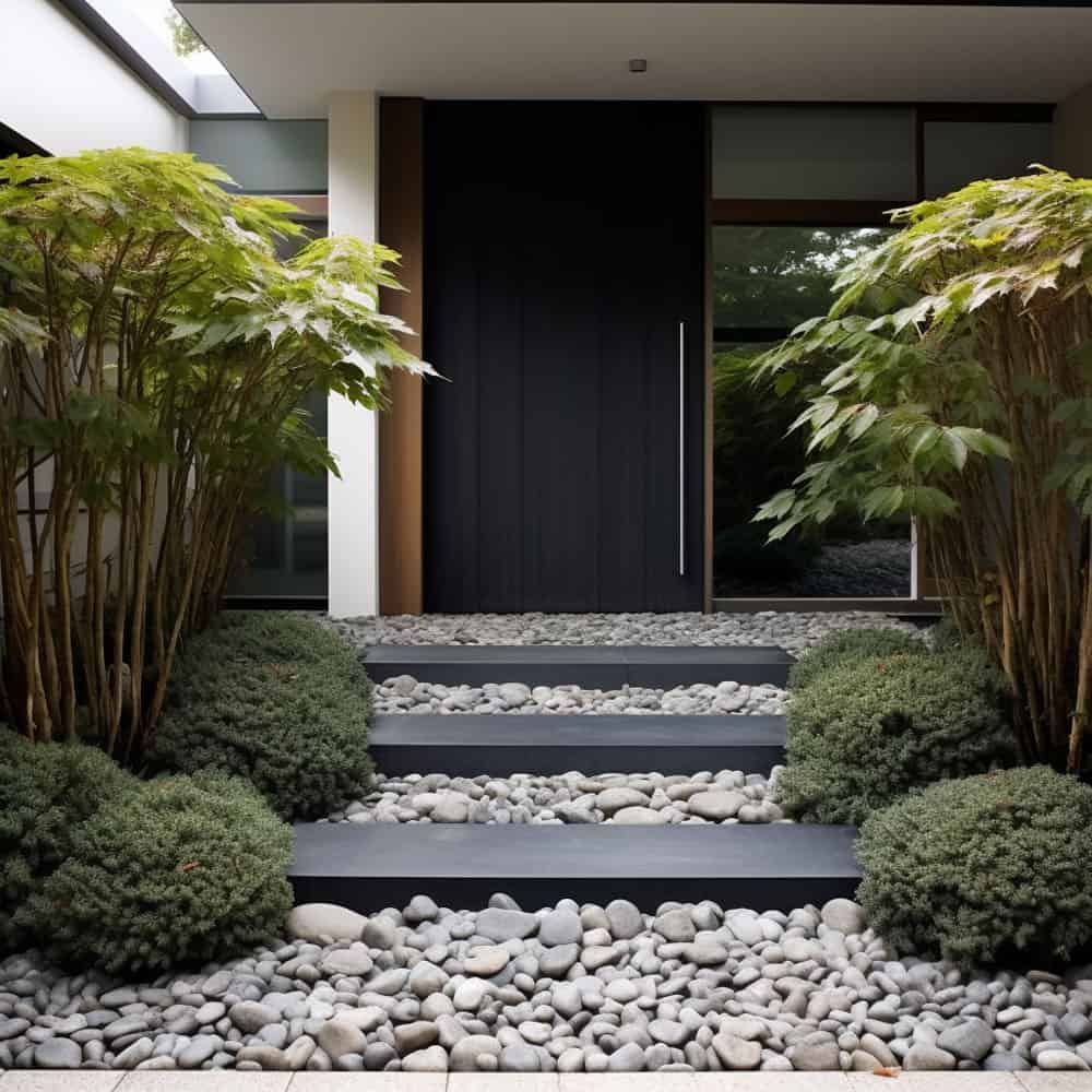 BIG front door of Pebbles or fine gravel for a Zen texture and Evergreen shrubs
