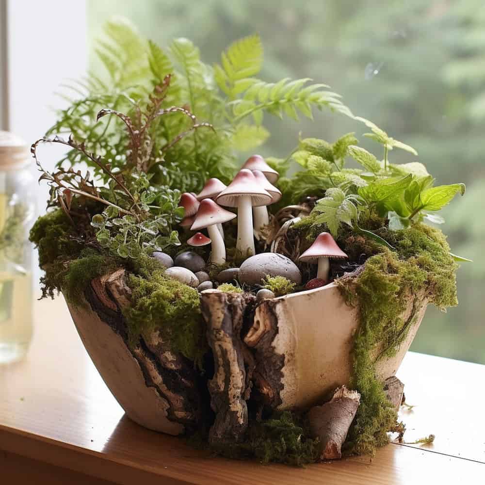 Create a fairy-tale woodland scene with mushrooms, fairies, and moss