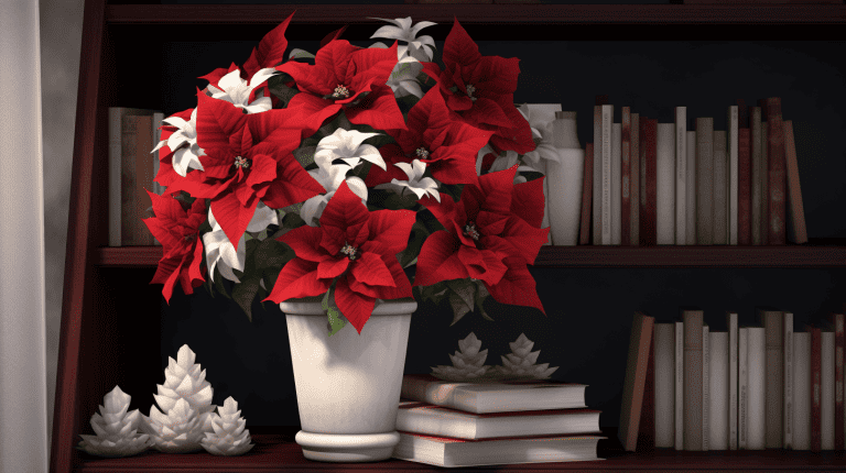 Red and white poinsettias on a white pot, Creating Poinsettia Displays: Tips for Striking Indoor Arrangements - 1600x900