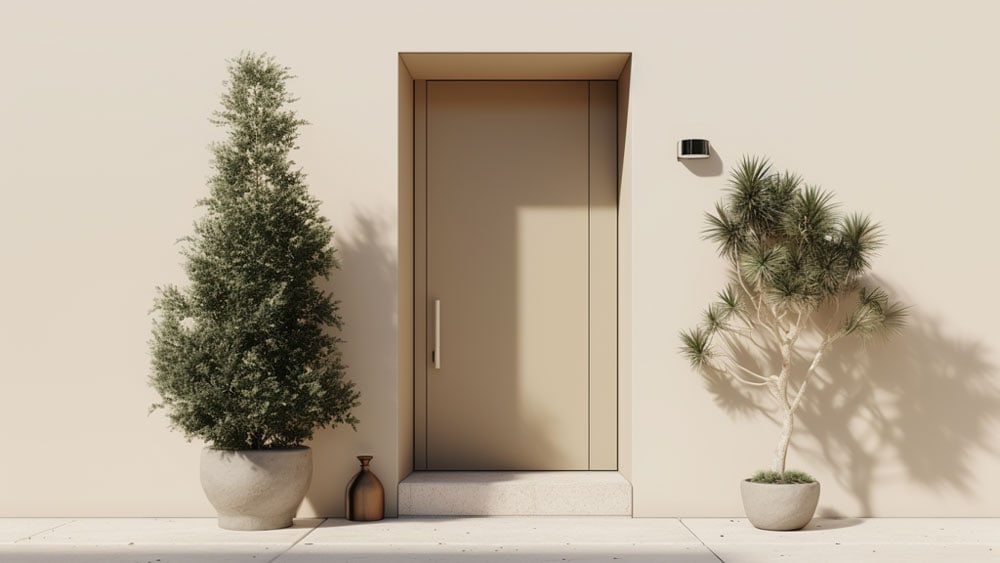 minimalist beige front door with evergreens, Evergreen Elegance: Classical Greenery Around The Front Door - 1600x900