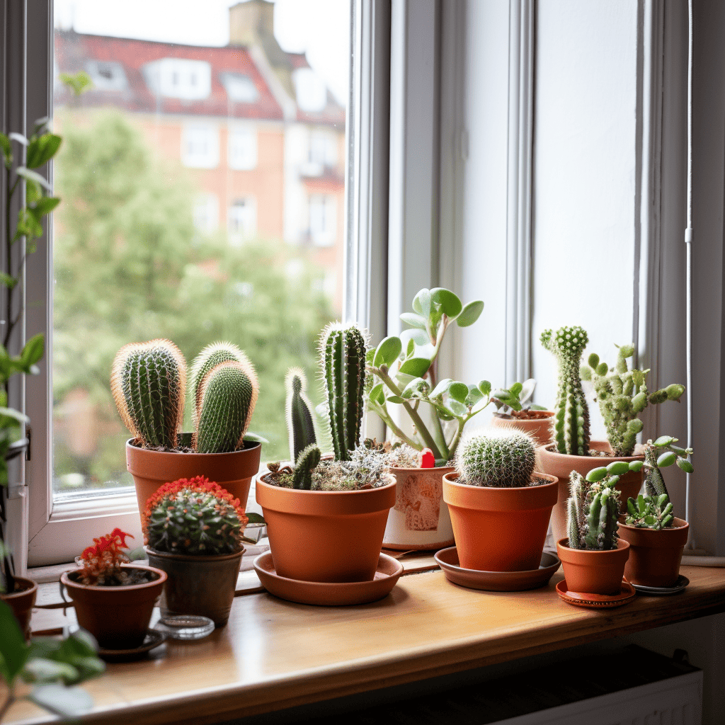 A selection of cacti and succulents on window sill