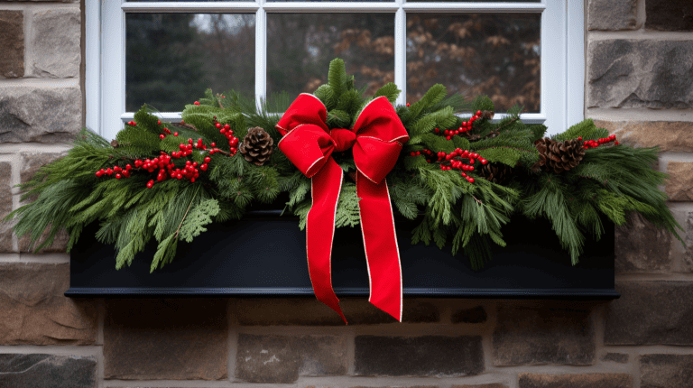 Gorgeous winter box with a red ribbon outside a window, Window Box Winter: Evergreen Displays Beyond the Door - 1600x900