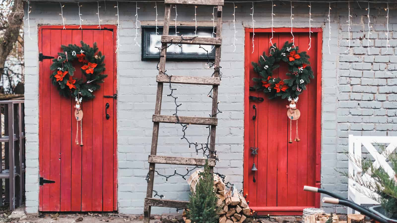 Red painted doors with matching wreath