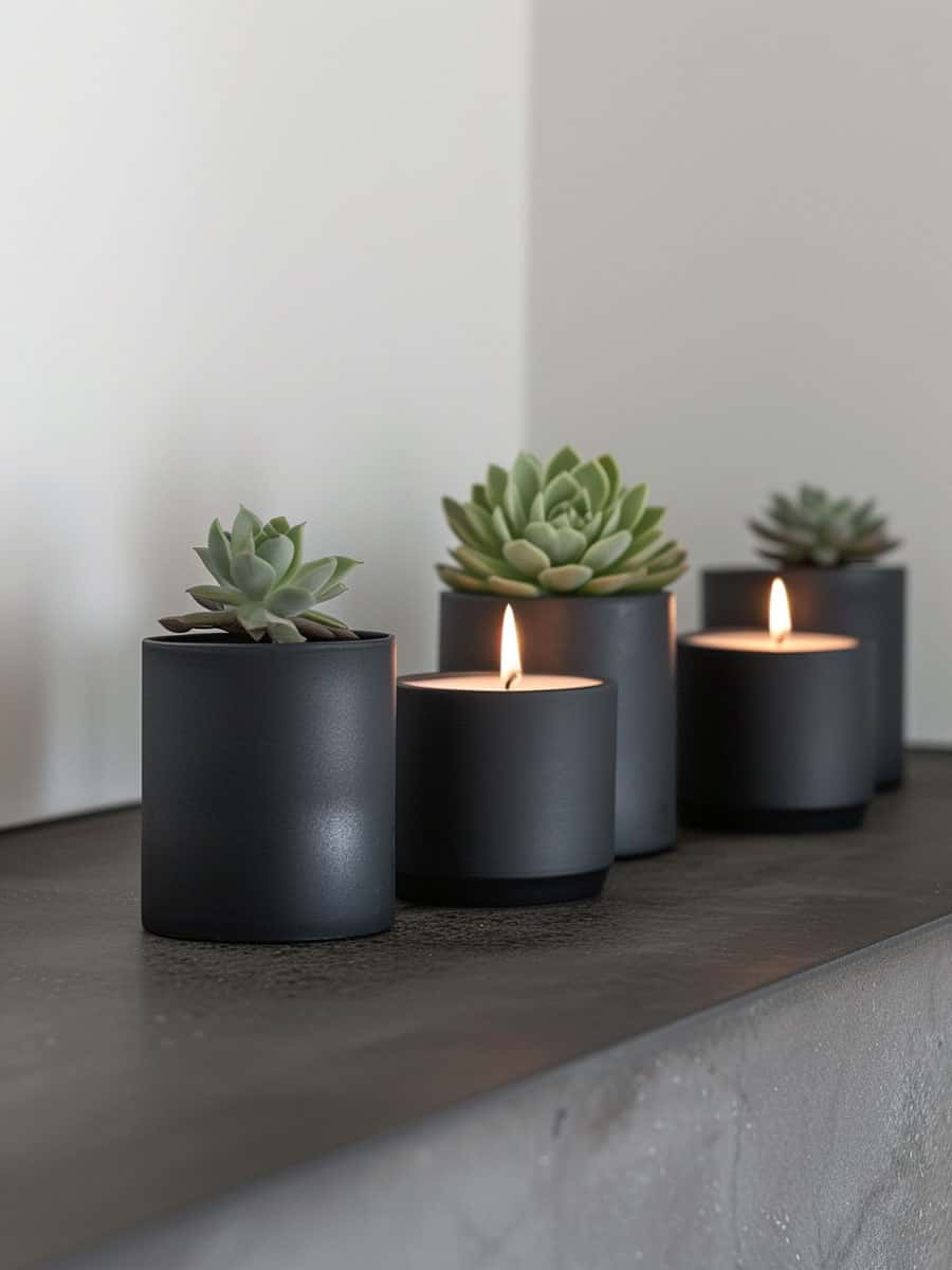 Black clay pots filled with succulents and scented cancles