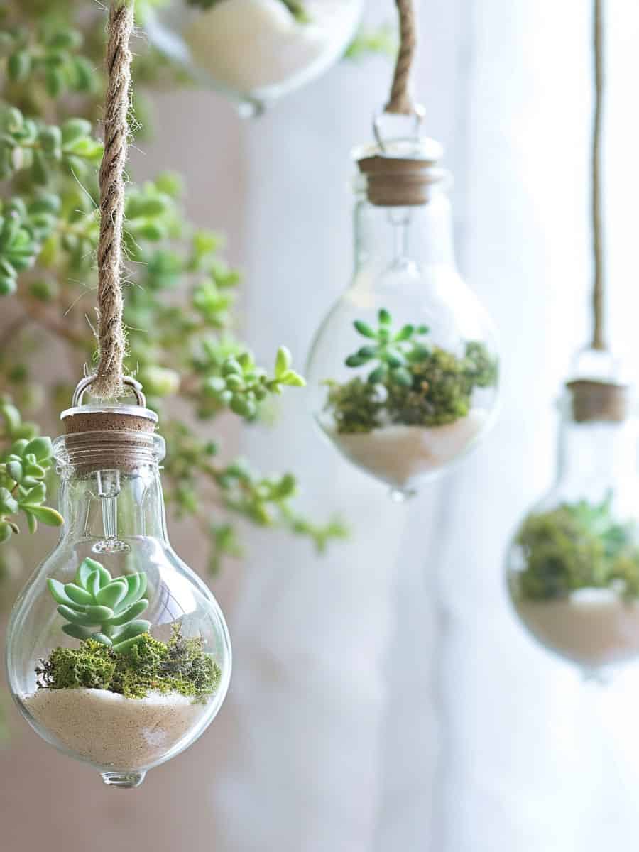 Modified bulbs with succulents planted inside it