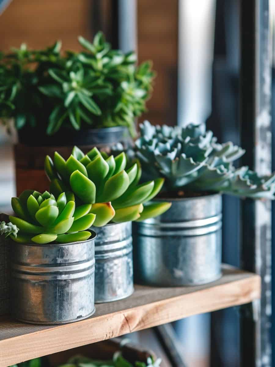 Succulents planted in tin cans