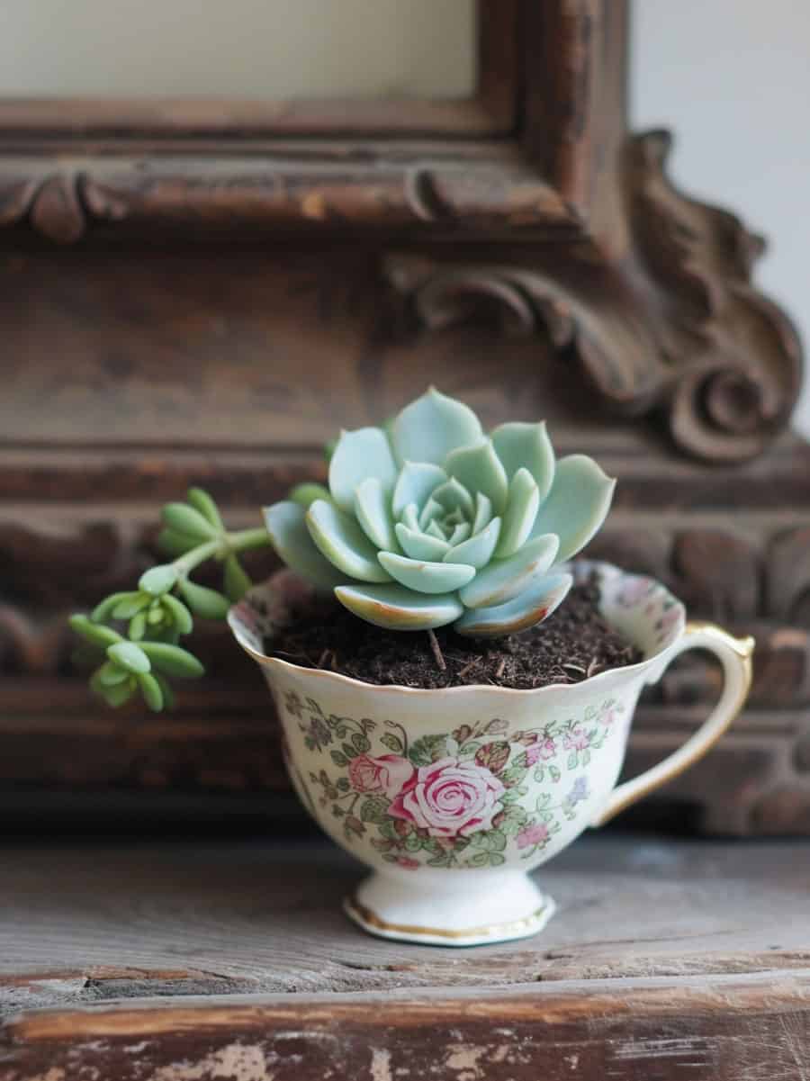 A small tea cup with a succulent