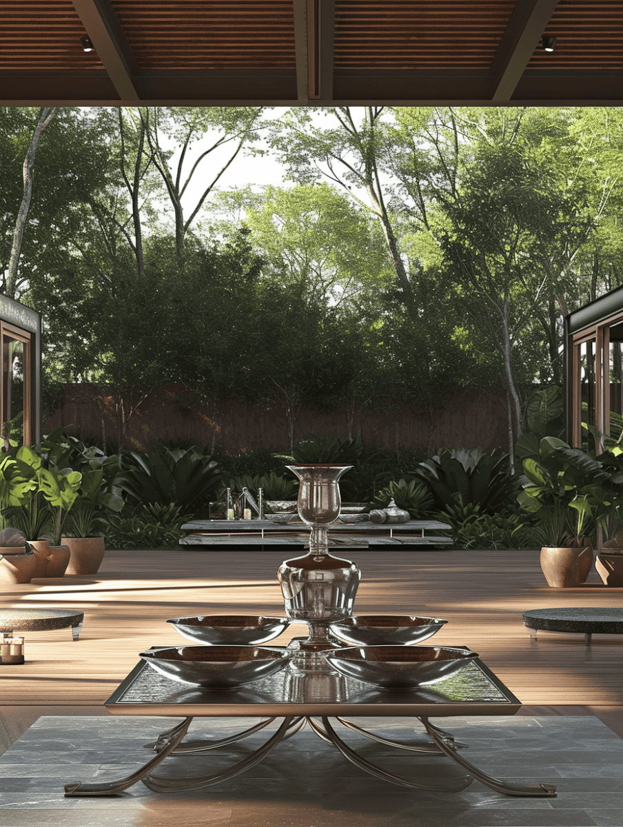 A 3D-rendered open-air dining area features a modern table with reflective metal and glass decor, elegant dishware, and harmonious natural elements, flanked by tropical plants and a backdrop of dense forest ar 3:4