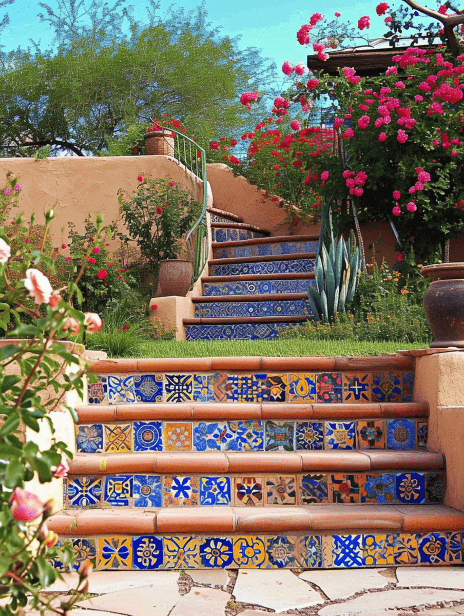 A Mediterranean-style staircase adorned with colorful patterned tiles is surrounded by a vibrant rose garden, complemented by desert flora and the warm hues of a sunlit adobe structure ar 3:4