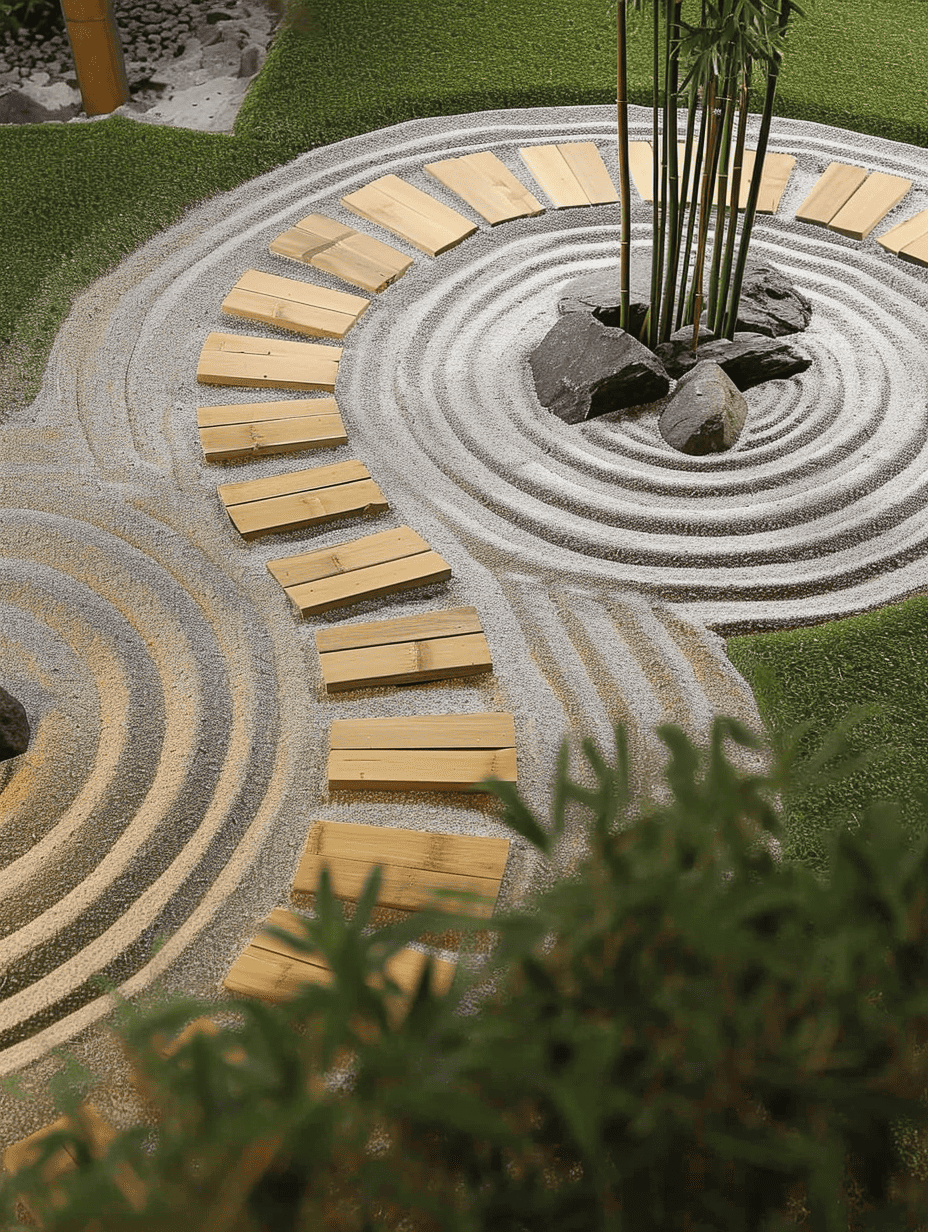 A Zen garden featuring a spiral raked sand pattern converging on a central bamboo cluster, with neat wooden path slats contrasting with the lush surrounding greenery  ar 3:4