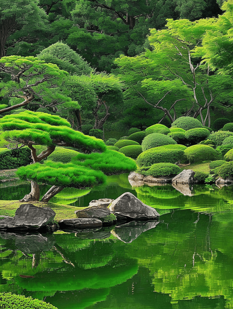 A Zen garden landscape showcases perfectly manicured green shrubs and trees reflecting in the calm waters of a pond, with strategically placed rocks enhancing the scene's natural balance ar 3:4