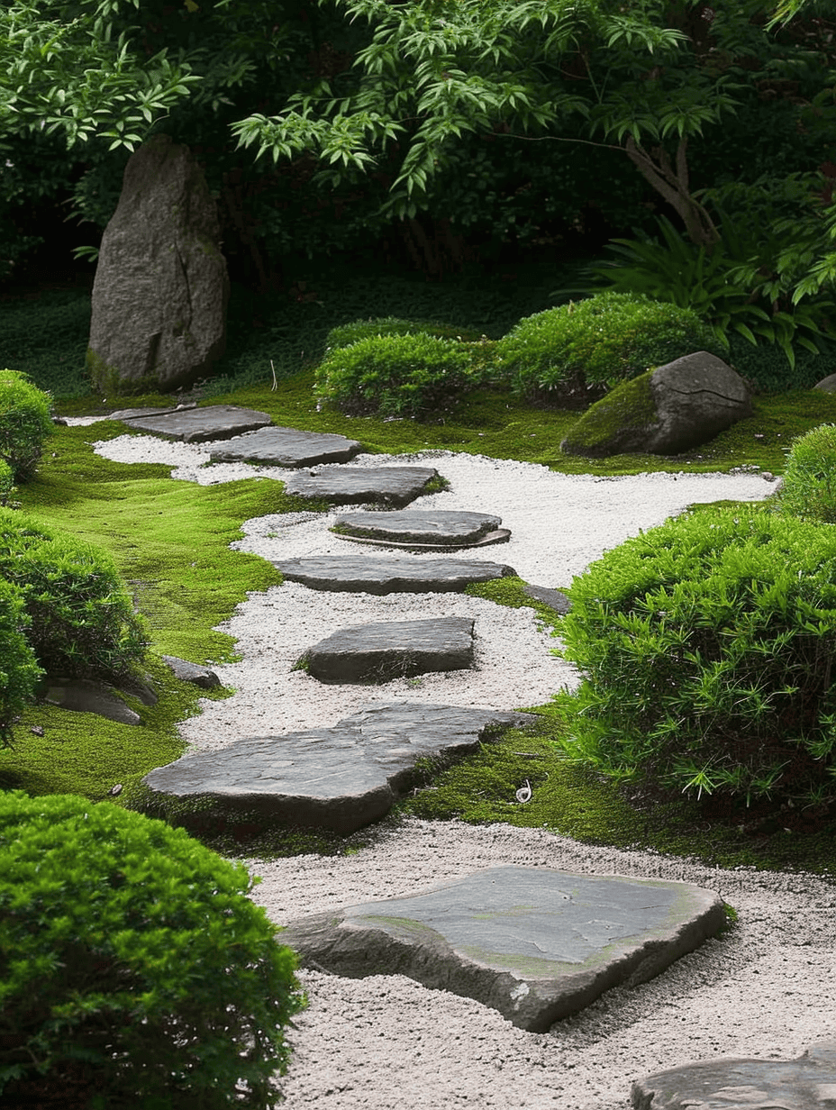 A Zen garden path composed of large flat stepping stones winds through vibrant green moss and white gravel, leading towards a tranquil meditation space embraced by lush foliage ar 3:4
