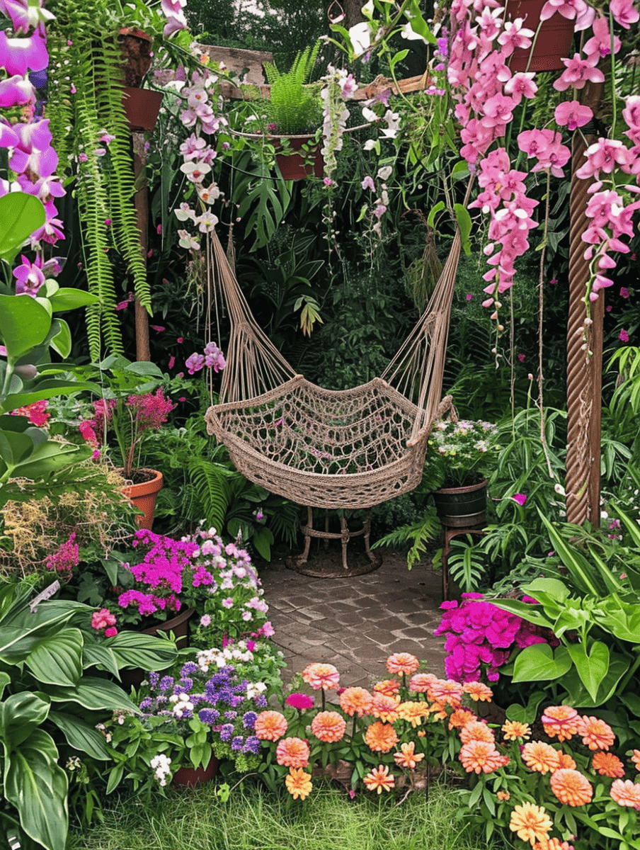 A bohemian-style hammock hangs invitingly in a lush garden oasis, surrounded by a vibrant display of blooming orchids and an array of colorful flowers, creating a tranquil retreat ar 3:4
