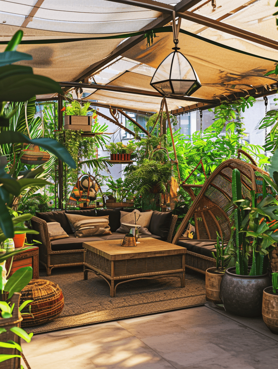 A bohemian-style urban oasis features a cozy rattan seating area with plush cushions, a variety of potted plants, hanging greenery, and an overhead fabric canopy, creating a lush, inviting space for relaxation ar 3:4