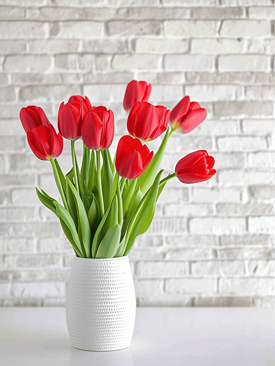 A bouquet of rich red tulips with green stems in a textured white vase, set against a white brick wall background ar 3:4