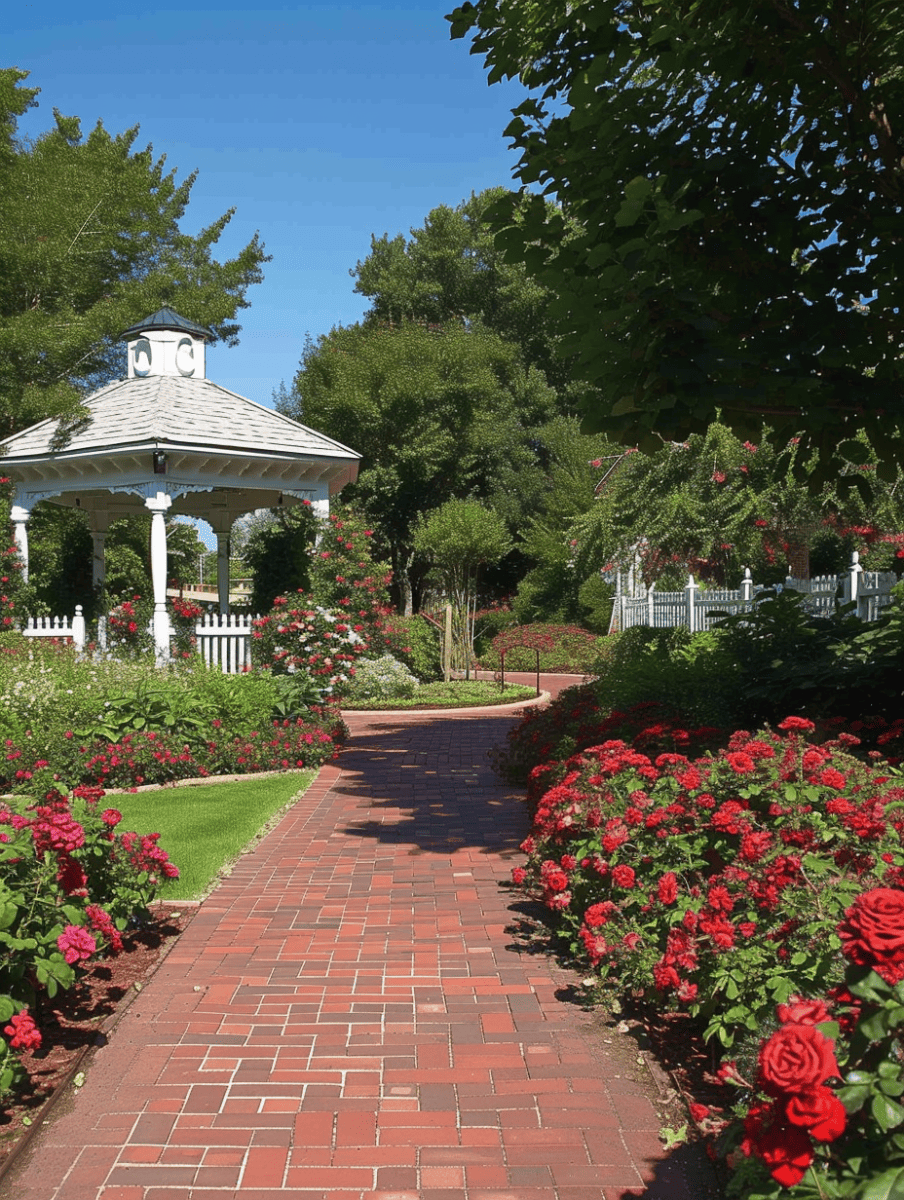 A brick pathway leads to a classic white gazebo, flanked by beds of red roses and colorful coleus under a clear blue sky. --ar 3:4