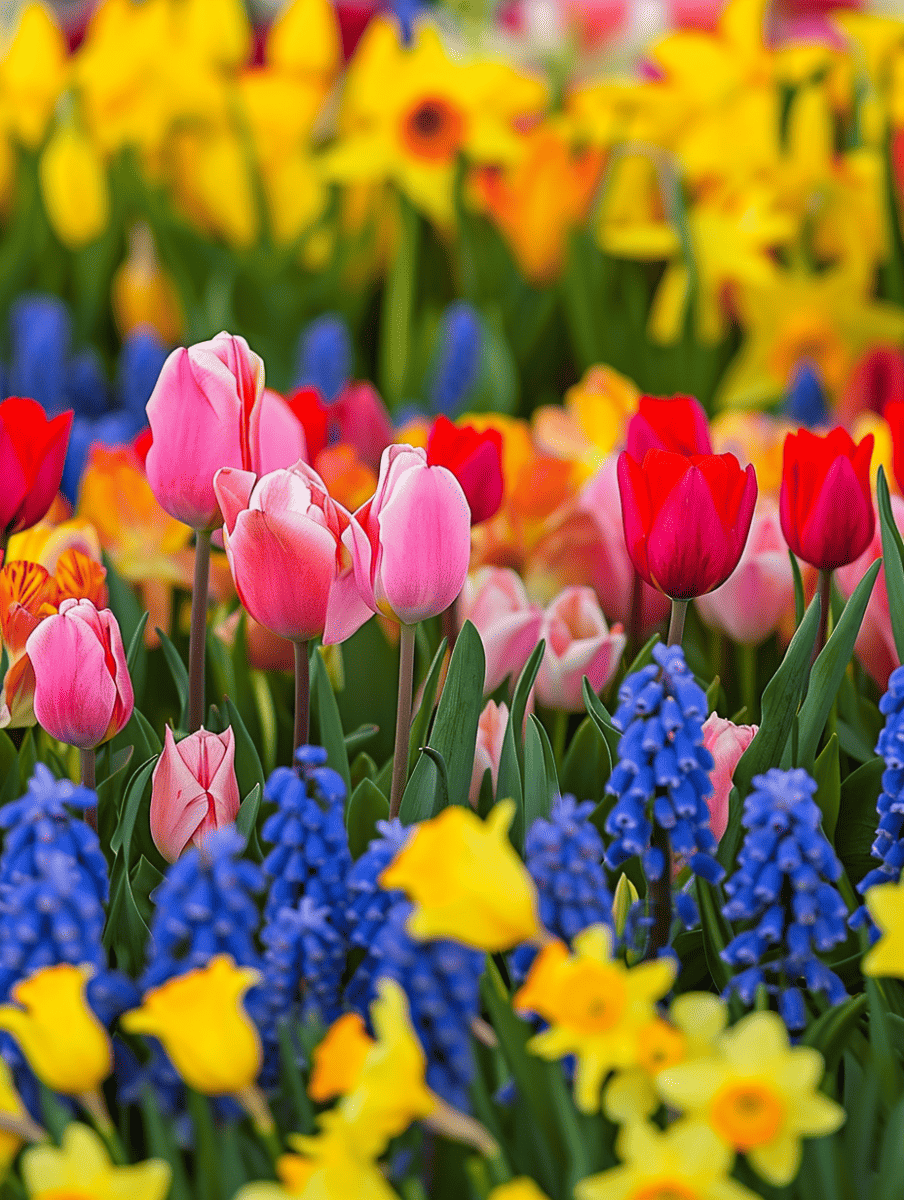 A captivating array of spring blooms, with pink tulips standing tall among a sea of blue grape hyacinths, vivid yellow daffodils, and red tulips, creates a symphony of color ar 3:4
