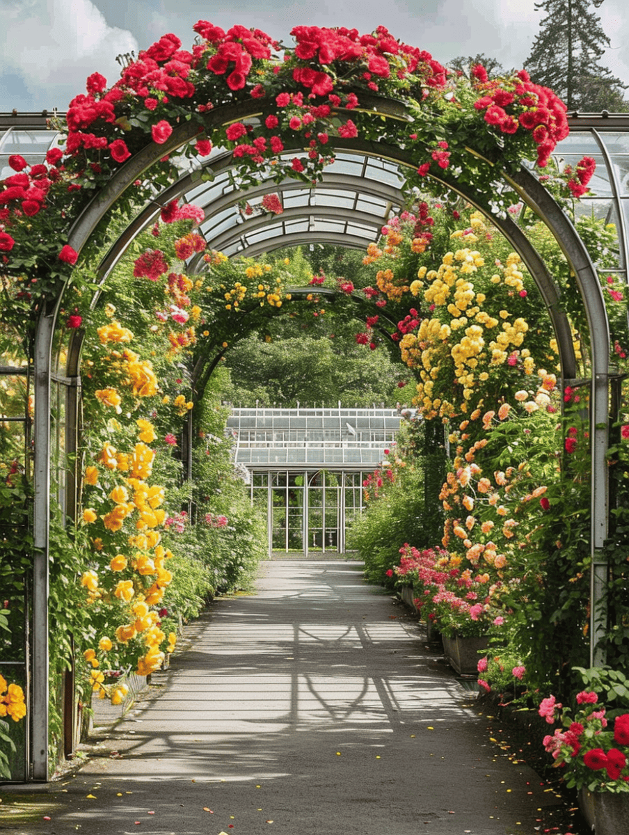 A captivating walkway is defined by a succession of metal arches adorned with lush roses in vibrant reds and yellows, casting soft shadows upon the path that leads towards a glasshouse in the distance ar 3:4