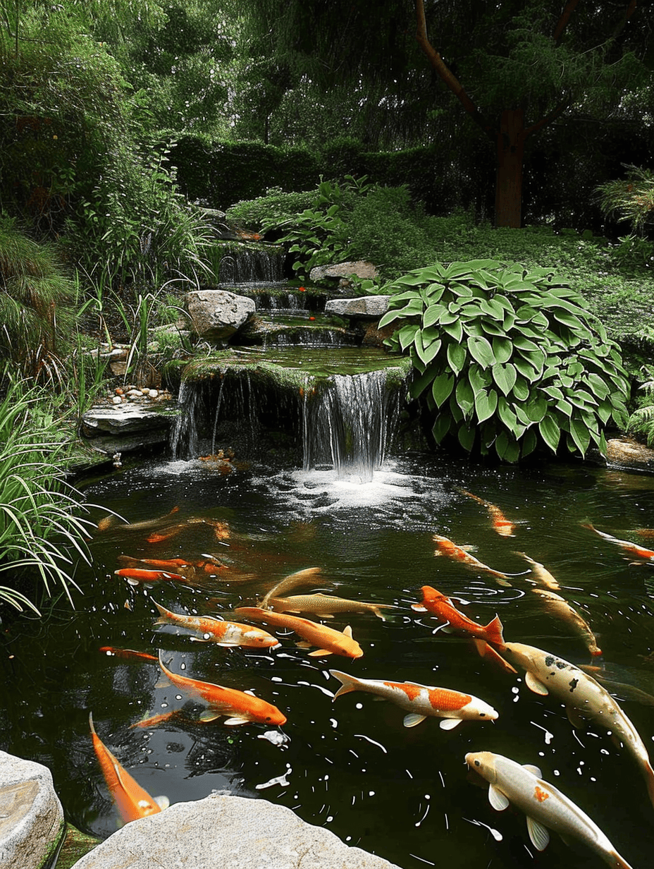 A cascade in a lush garden setting gently flows into a koi pond teeming with vibrant fish, surrounded by verdant foliage and tranquil nature sounds ar 3:4