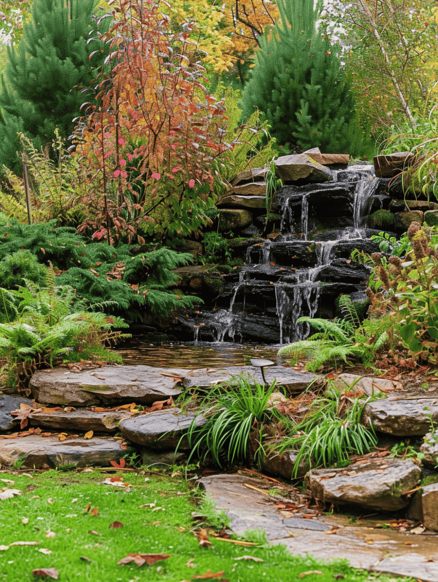 A cascading waterfall tumbles over a rocky structure amidst a vibrant garden, with autumn-hued foliage and evergreens creating a tranquil and picturesque scene ar 3:4