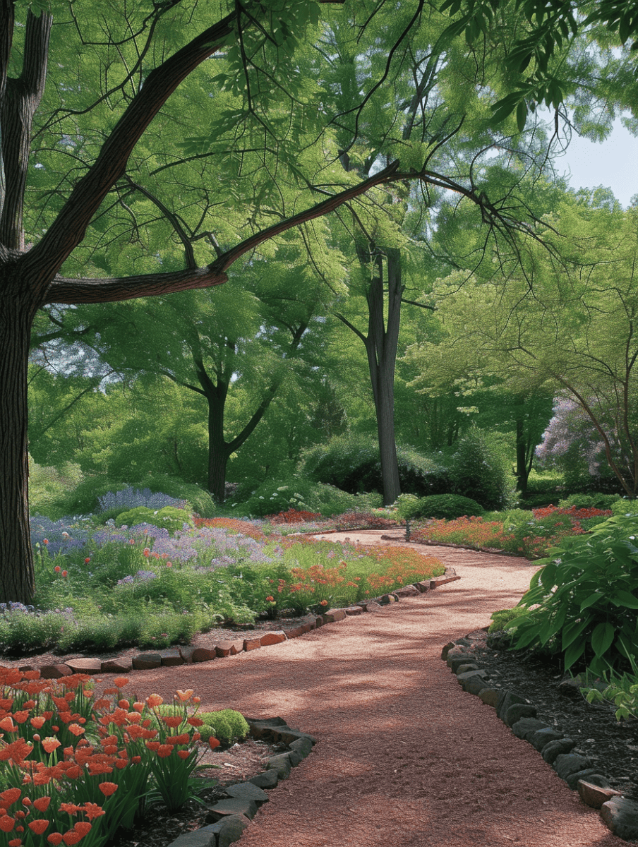 A central walkway of fine red gravel divides beneath the shade of mature trees, guiding visitors through beds of colorful spring blooms. --ar 3:4