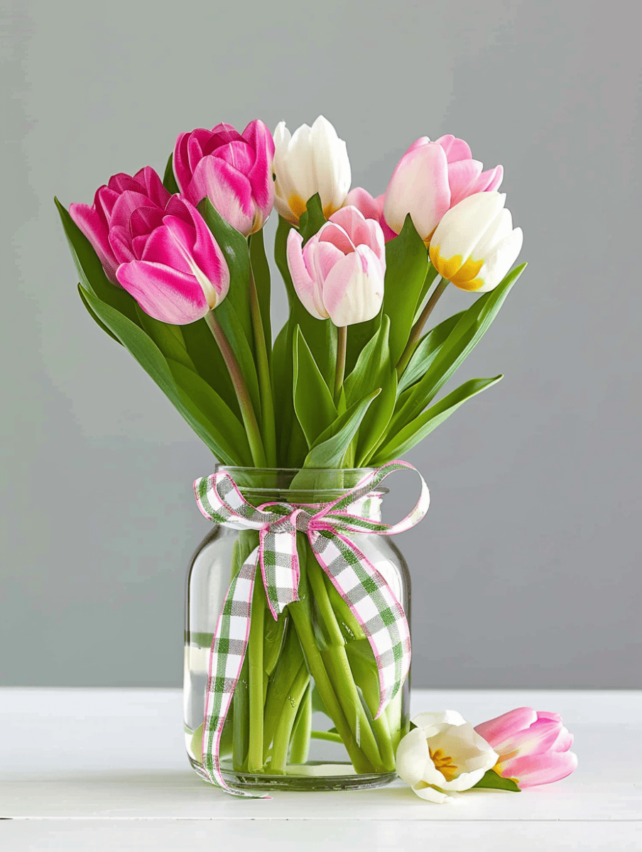 A charming bouquet of pink, white, and yellow tulips tied with a green and white checked ribbon in a clear glass jar, with a single tulip lying beside it on a white surface ar 3:4