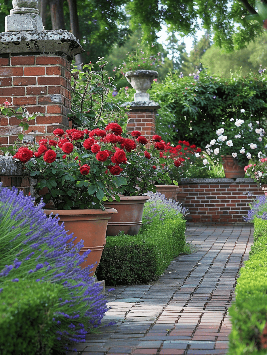 A charming garden pathway is bordered by potted rose bushes with rich red blossoms, complemented by vibrant purple lavender and lush greenery, against a backdrop of classic brick and stone architecture ar 3:4
