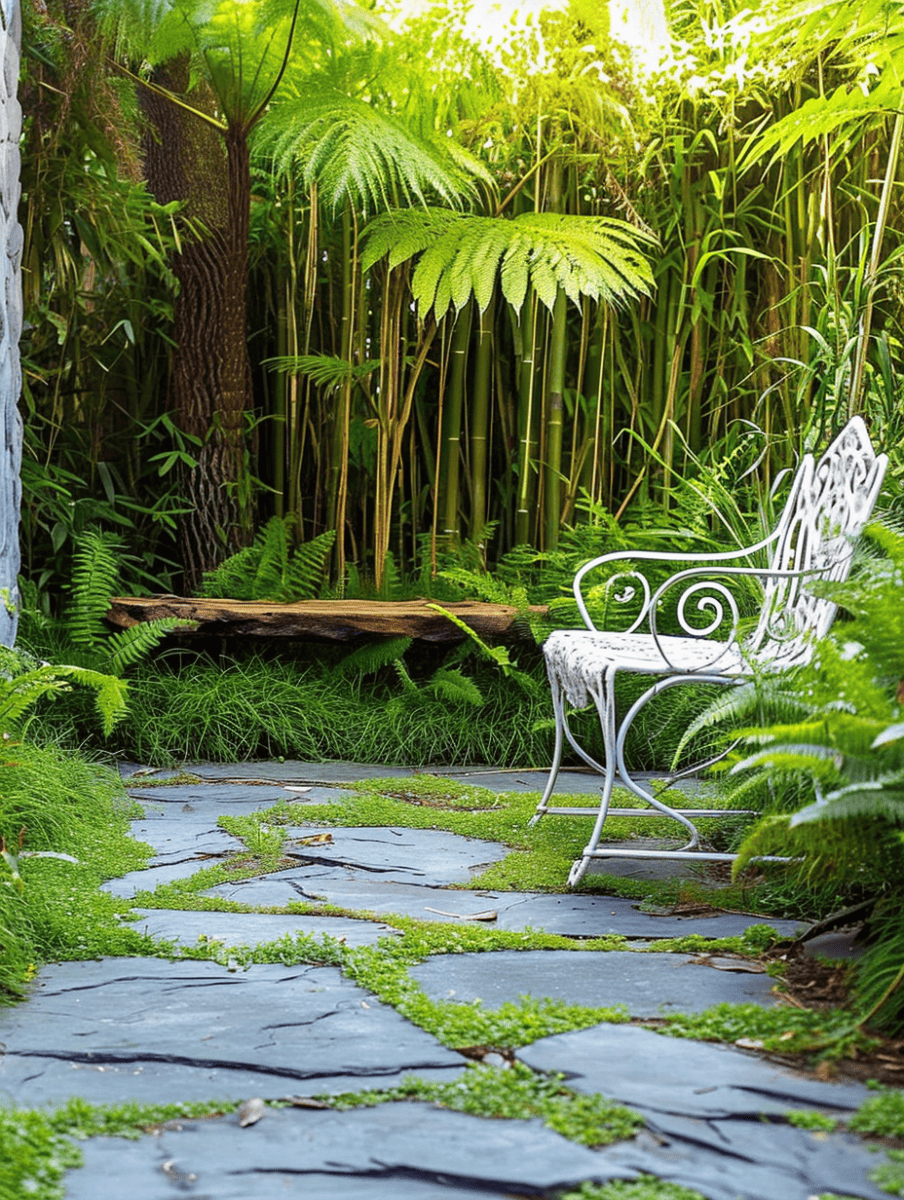 A charming white wrought iron bench sits beside a stone pathway meandering through a lush garden with tall ferns and bamboo, creating a serene and inviting natural space ar 3:4