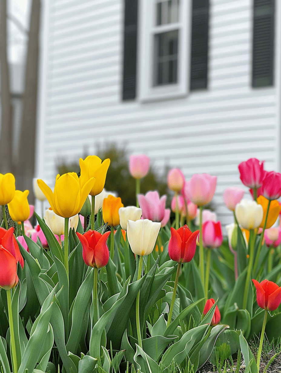 A cheerful assortment of tulips in shades of yellow, pink, red, and white bloom against the backdrop of a traditional white clapboard house with dark shutters ar 3:4