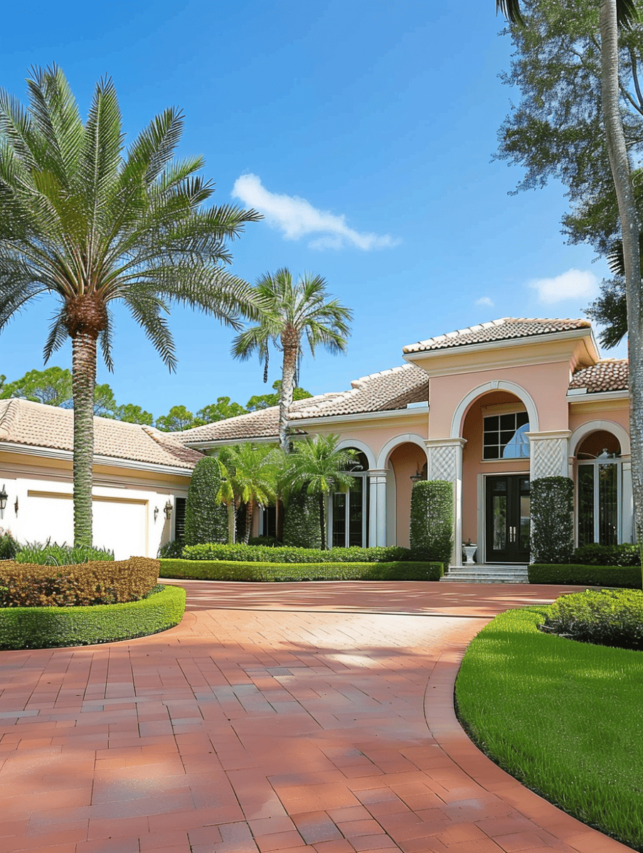A circular brick driveway leads to an elegant home with arched doorways, surrounded by meticulously landscaped gardens and tall palm trees against a clear blue sky ar 3:4
