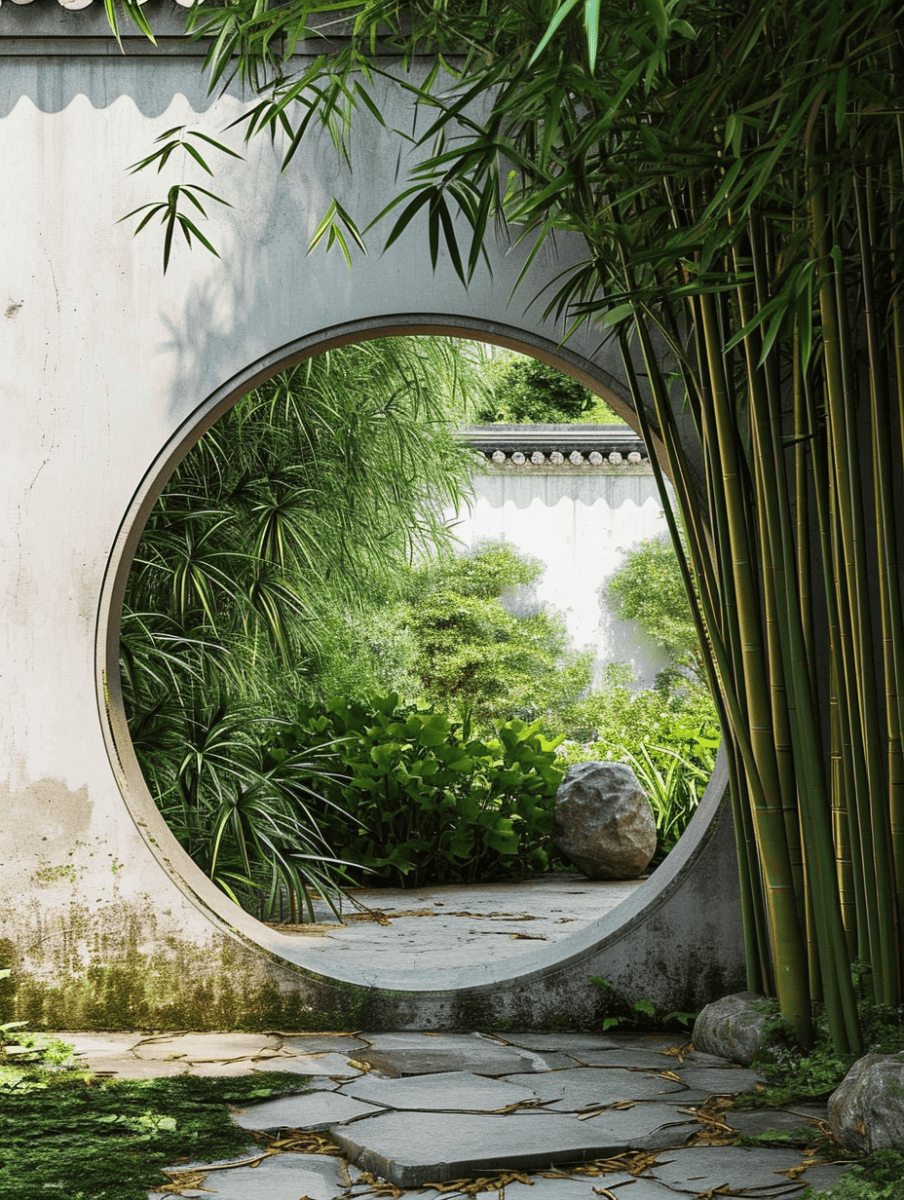 A circular moon gate in a garden wall frames a lush view of bamboo, creating a peaceful and harmonious portal to a verdant space beyond ar 3:4
