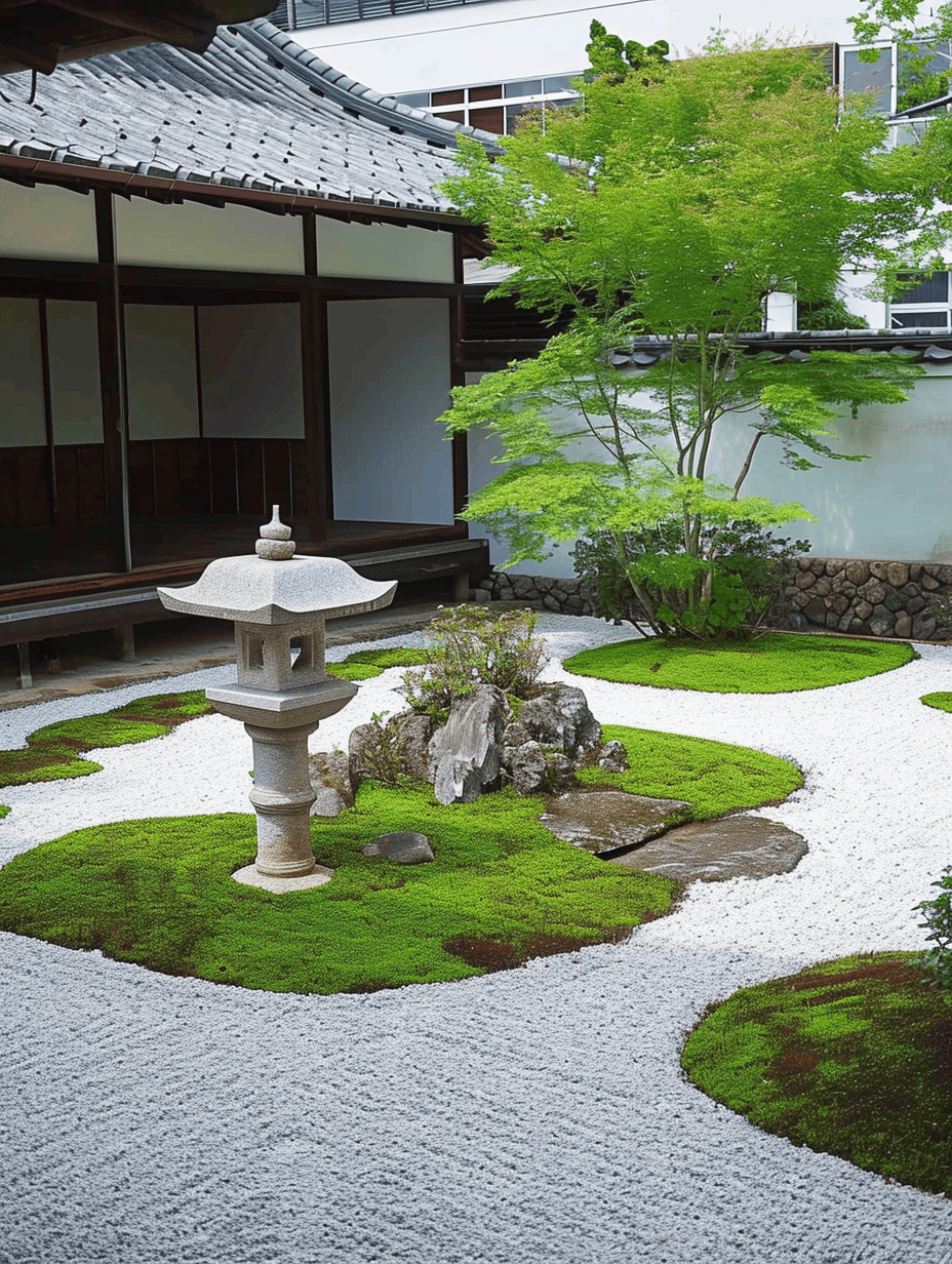 A classic Japanese Zen garden with a stone lantern centerpiece, surrounded by pristine white gravel and patches of vibrant green moss, adjacent to a traditional building with sliding doors ar 3:4