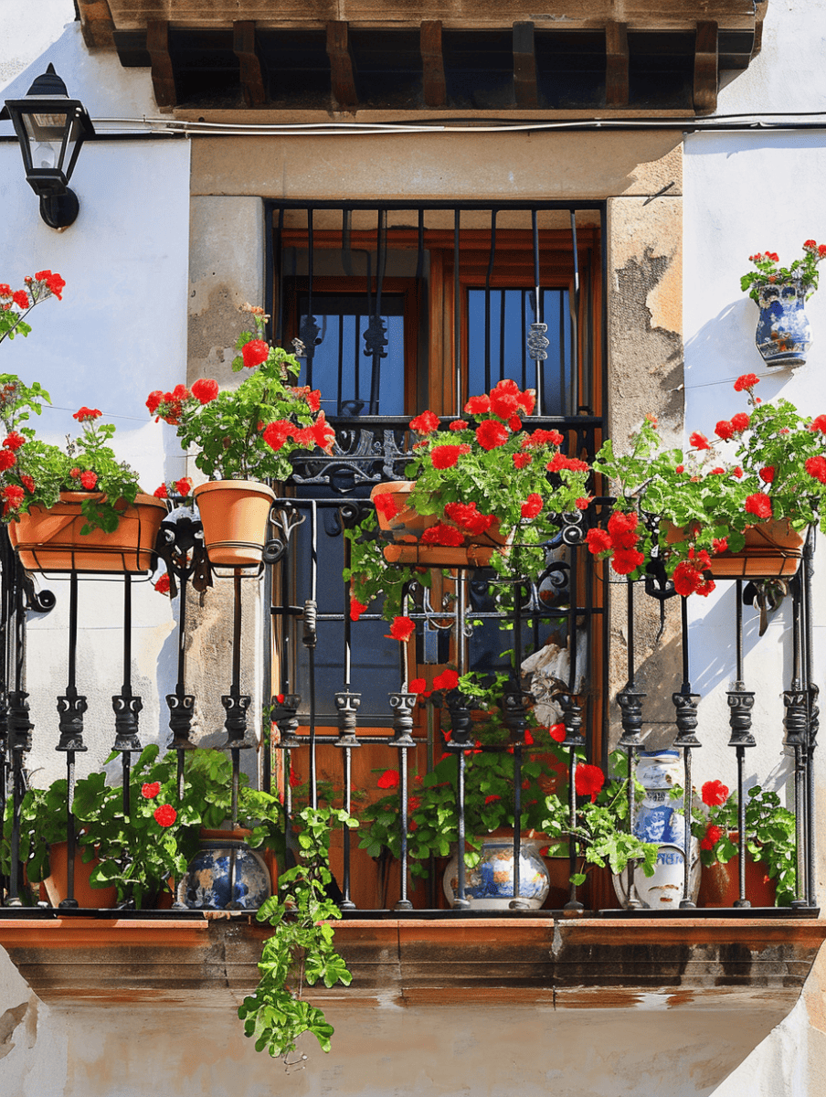 A classic balcony adorned with geraniums in full bloom, where the same type of plant varies in size and is complemented by a collection of containers in different colors and designs, adding a charming and vibrant touch to the traditional architecture ar 3:4