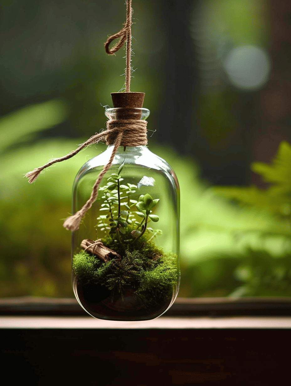 A clear bottle terrarium, suspended by a rustic twine, cradles a small world of lush moss, delicate greenery, and a piece of driftwood, backlit by soft natural light ar 3:4